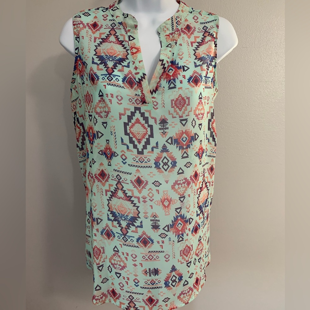 No Boundaries Green Aztec Blouse with Mandarin Collar